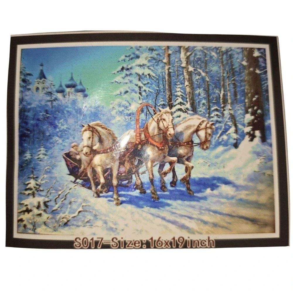 Winter Horses Stamped Cross Stitch Kit 11CT‎ 16x19 Snow Sled Scene Beginner Rare